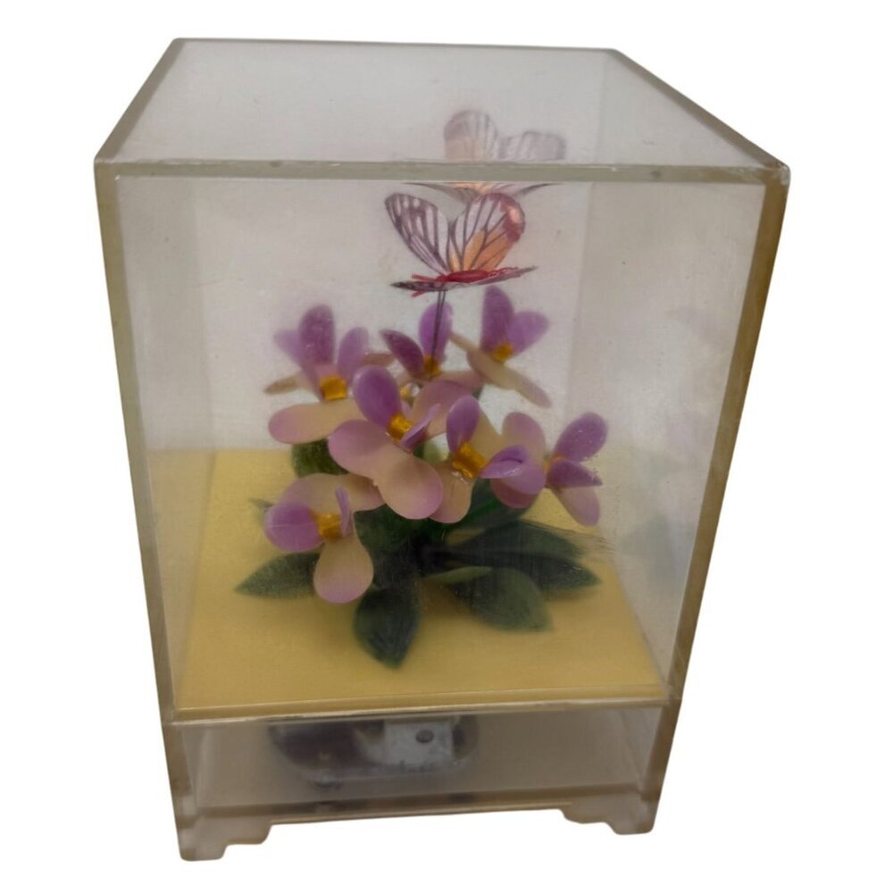 Vintage Floral Music Box Purple Flowers Butterfly Design Acrylic Case Works